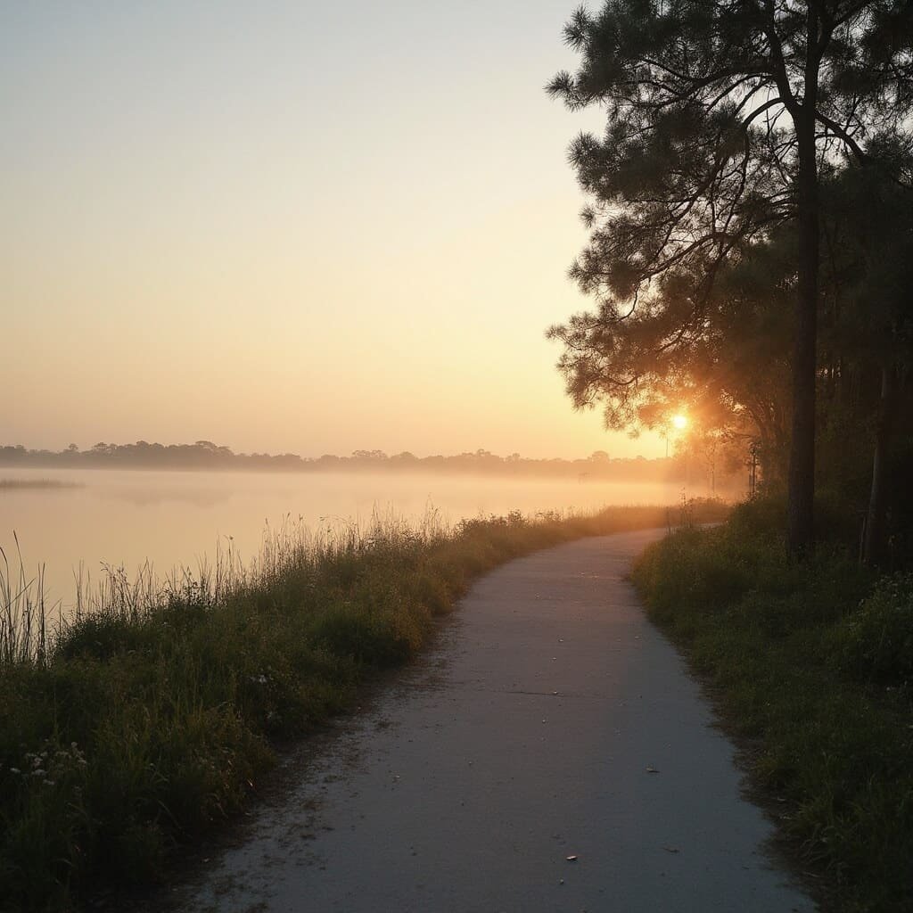 Early morning scene at Kissimmee Lakefront Park with a peaceful walking trail surrounded by native Florida vegetation, tranquil water reflecting pastel sky, and soft mist above the ground