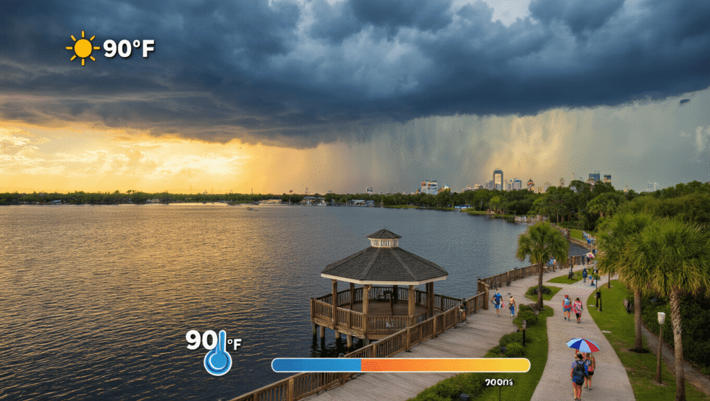 "Aerial view of Kissimmee Lakefront Park during a stormy June afternoon, families enjoying trails under umbrellas, Orlando theme park skyline in distance, overlaid with thermometer showing high temperature of 90°F and humidity."