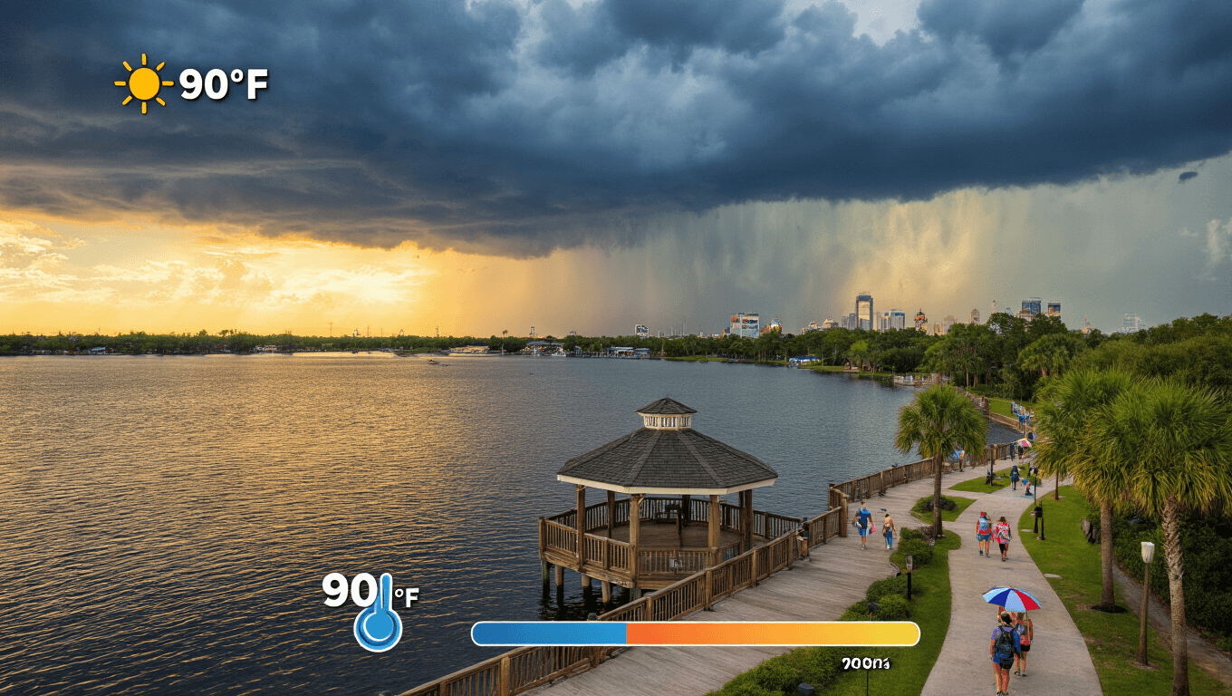 "Aerial view of Kissimmee Lakefront Park during a stormy June afternoon, families enjoying trails under umbrellas, Orlando theme park skyline in distance, overlaid with thermometer showing high temperature of 90°F and humidity."