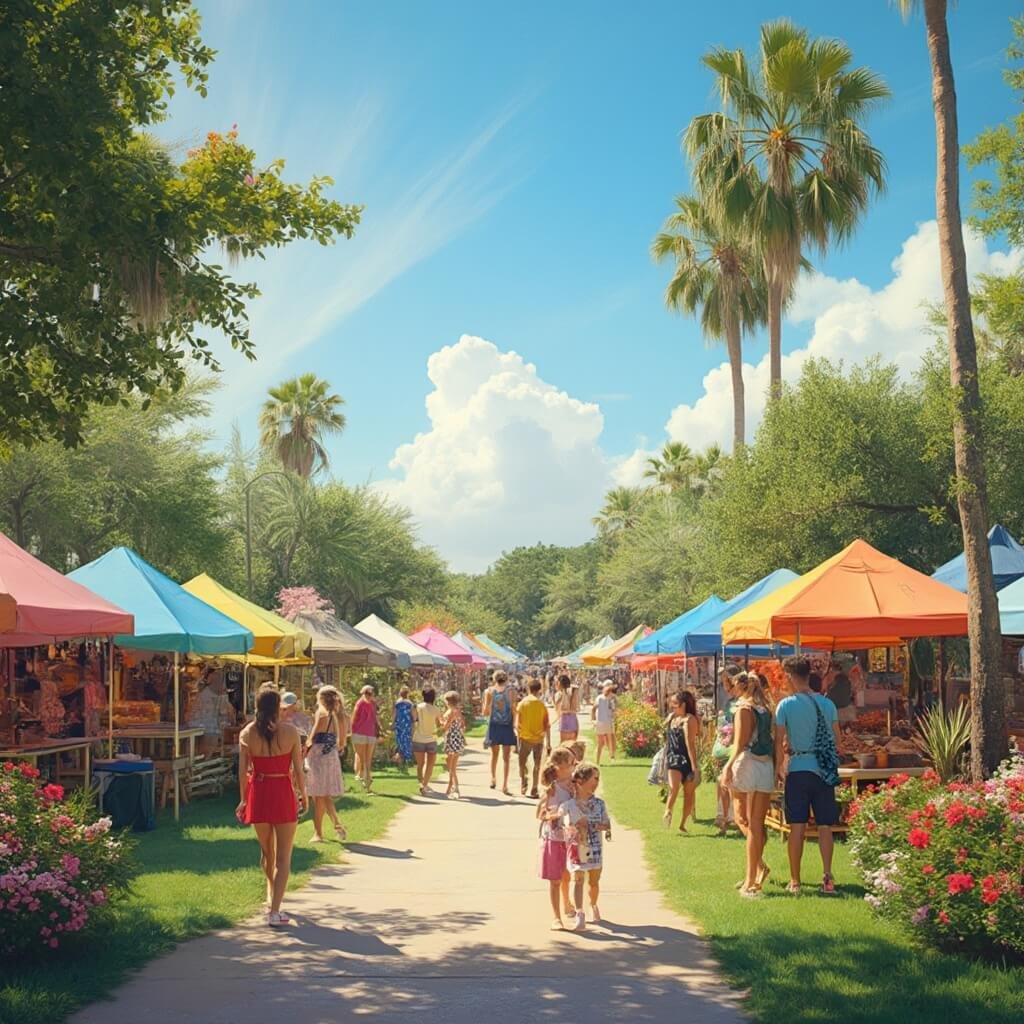 Kissimmee in April: Your Ultimate Spring Escape Guide That Nobody's Talking About! Outdoor spring festival scene in Kissimmee, Florida with colorful tents, food vendors, artisan stalls, families and visitors, native flowers and palm trees in a park setting under a blue sky during golden hour