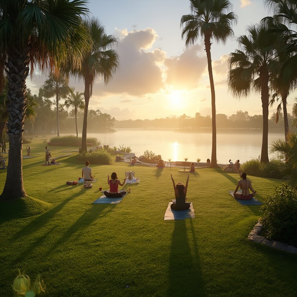 Kissimmee in March: Your Ultimate Spring Break Paradise Revealed! Morning yoga practitioners in a serene lakefront park at sunrise in Kissimmee, Florida, with palm tree shadows, calm lake reflection of dawn sky, meditation areas with wooden benches, lush vegetation, and soft morning mist