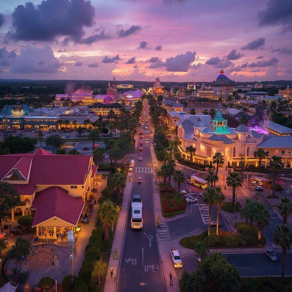Kissimmee in March: Your Ultimate Spring Break Paradise Revealed! Aerial view of Kissimmee's tourist district at dusk with colorful hotels, busy streets, outdoor restaurants, walking families, and distant theme park glow