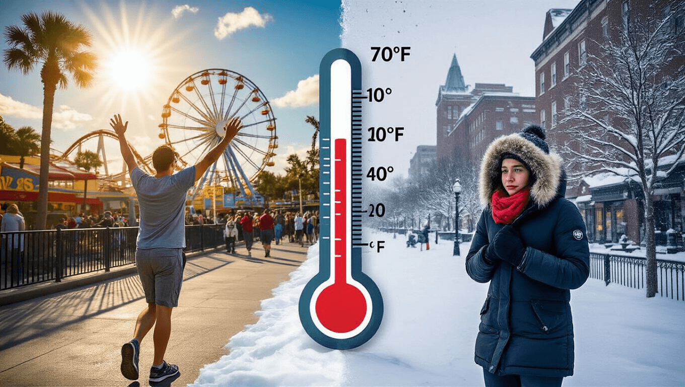 "Split-screen image depicting a stark contrast between a person enjoying warm 70°F temperatures in a sunny Kissimmee theme park on the left, and the same person in winter attire braving freezing temperatures in a northern city on the right, with striking visuals of weather, foliage, and architecture, and a thermometer highlighting the temperature difference."