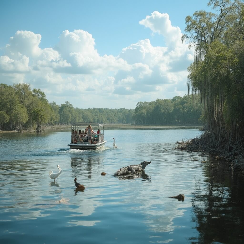 Why Kissimmee in January Will Blow Your Winter Blues Away Serene afternoon at Lake Tohopekaliga with a tour boat on clear waters, native birds wading, green cypress trees along the shore, families pointing at sunbathing alligators, and gentle ripples under a tranquil sky.