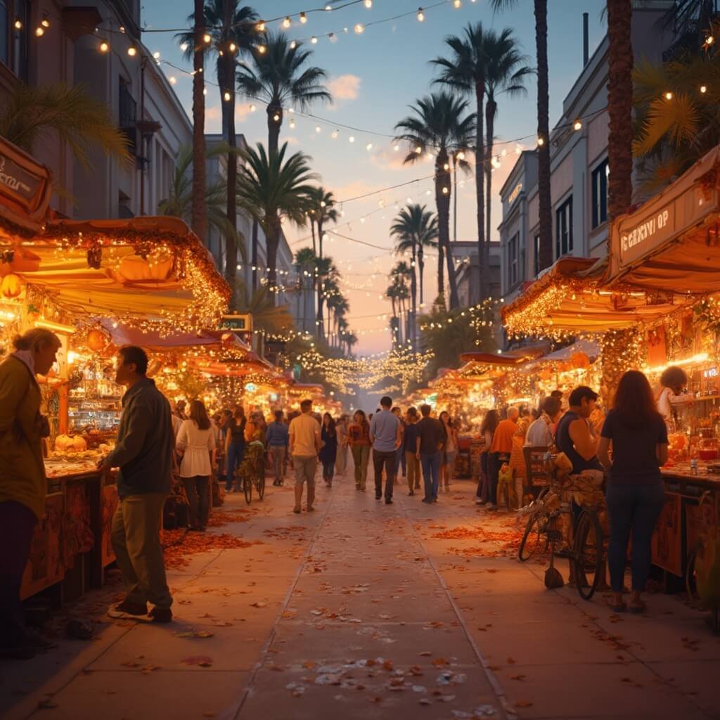 Lakeland's October: Your Ultimate Insider's Guide to Florida's Hidden Autumn Playground 🍂🌞 Locals gathering during a festive fall evening at a downtown Lakeland night market with string lights overhead, autumn-decorated booths, palm trees in the background and a warm color palette of oranges and soft yellows.