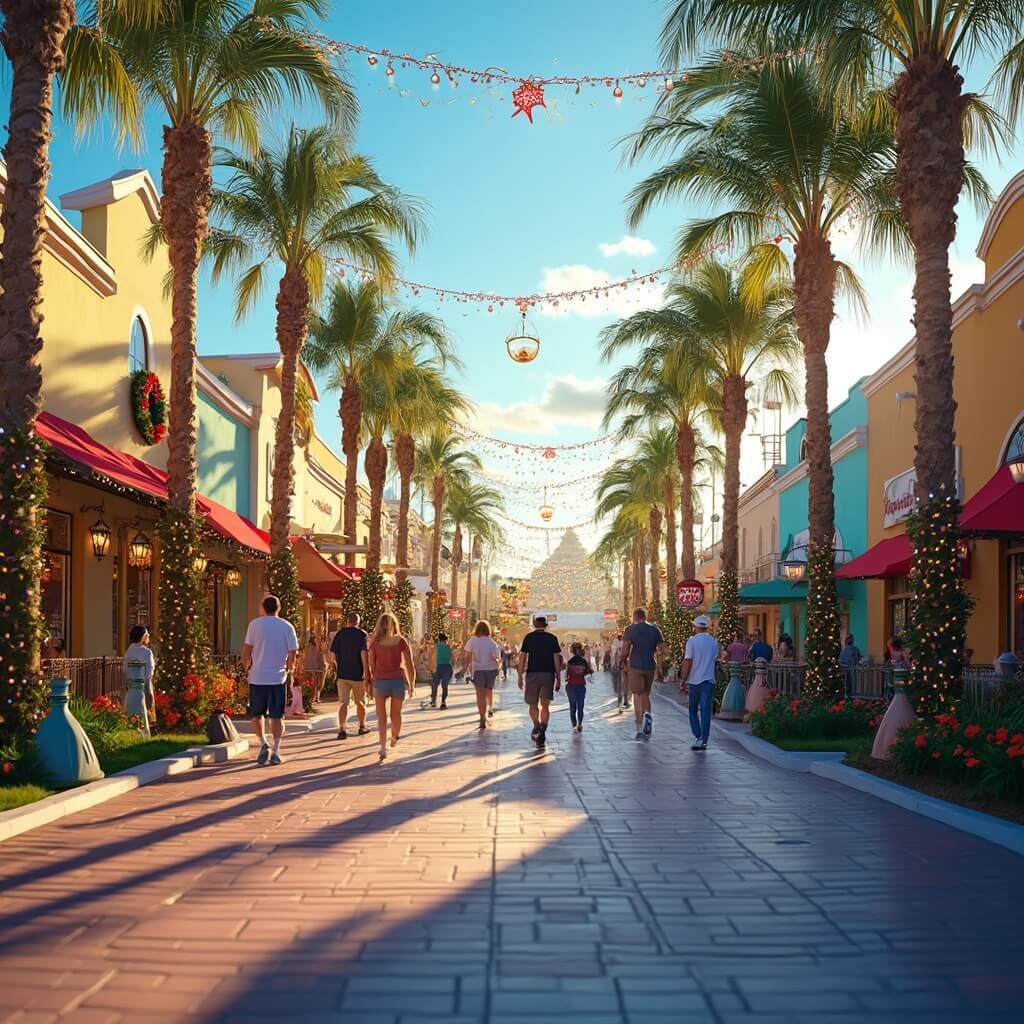 Festive holiday scene in downtown Lakeland, Florida with people strolling under twinkling lights strung between palm trees, colorful storefronts adorned with Christmas wreaths, under a bright blue sky in warm afternoon light
