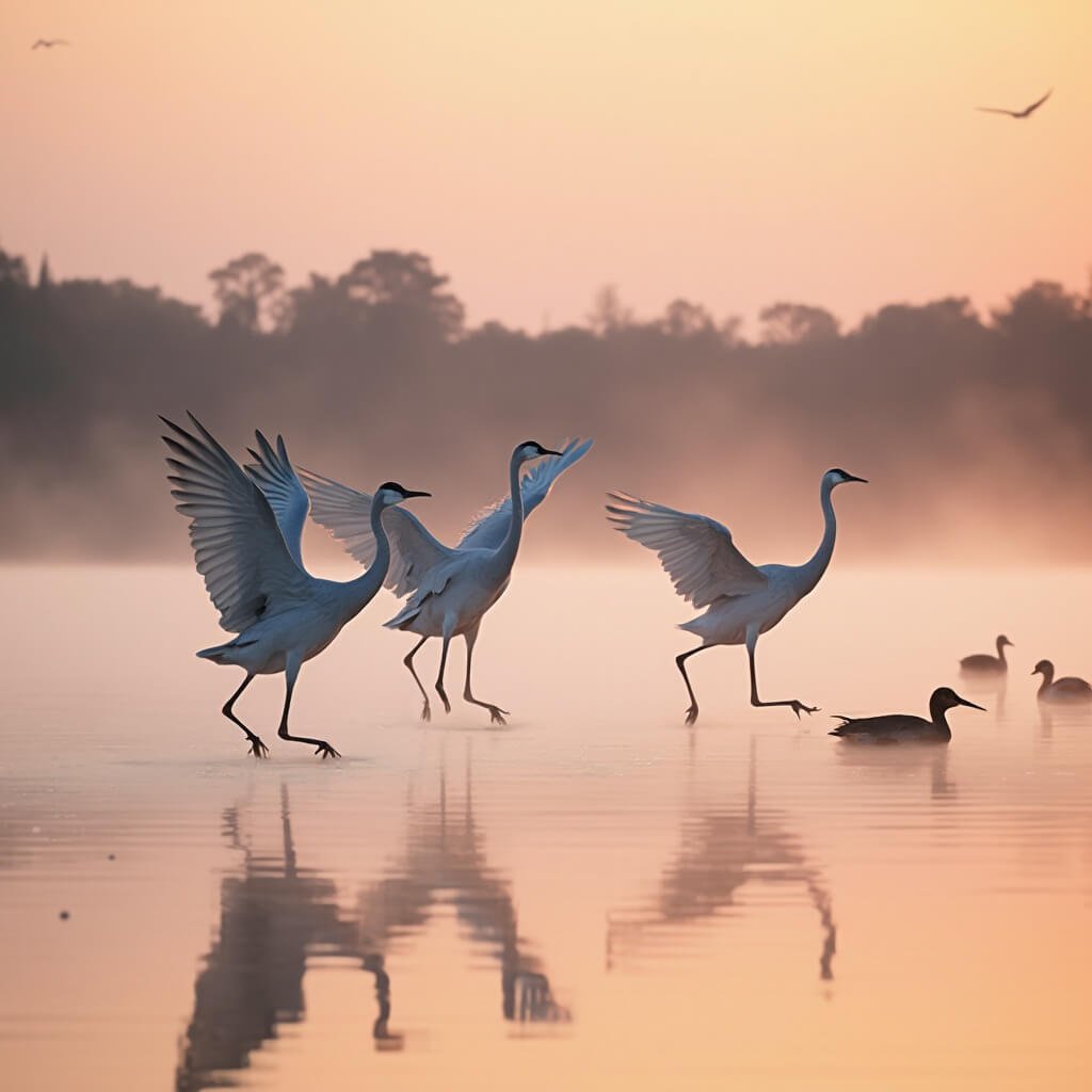 Why Lakeland in November is Your Ultimate Florida Escape Sandhill cranes performing dance ritual at dawn on Lake Morton, Lakeland, Florida, with misty lake surface and gathering waterfowl in background
