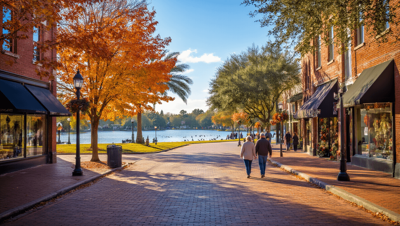 "Downtown Lakeland's historic district on a sunny November day with Munn Park, autumn-colored trees, locales, Lake Mirror, migratory birds, vintage lampposts and festival decorations in view"
