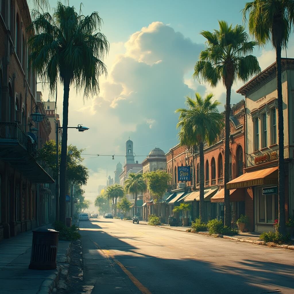 Lakeland's September: Your Ultimate Guide to Florida's Hidden Early Autumn Gem Sunny September afternoon landscape of empty downtown Lakeland, Florida featuring historic streets, lush palm trees, vintage architecture, a hazy atmosphere, and a deep blue sky with looming storm clouds.