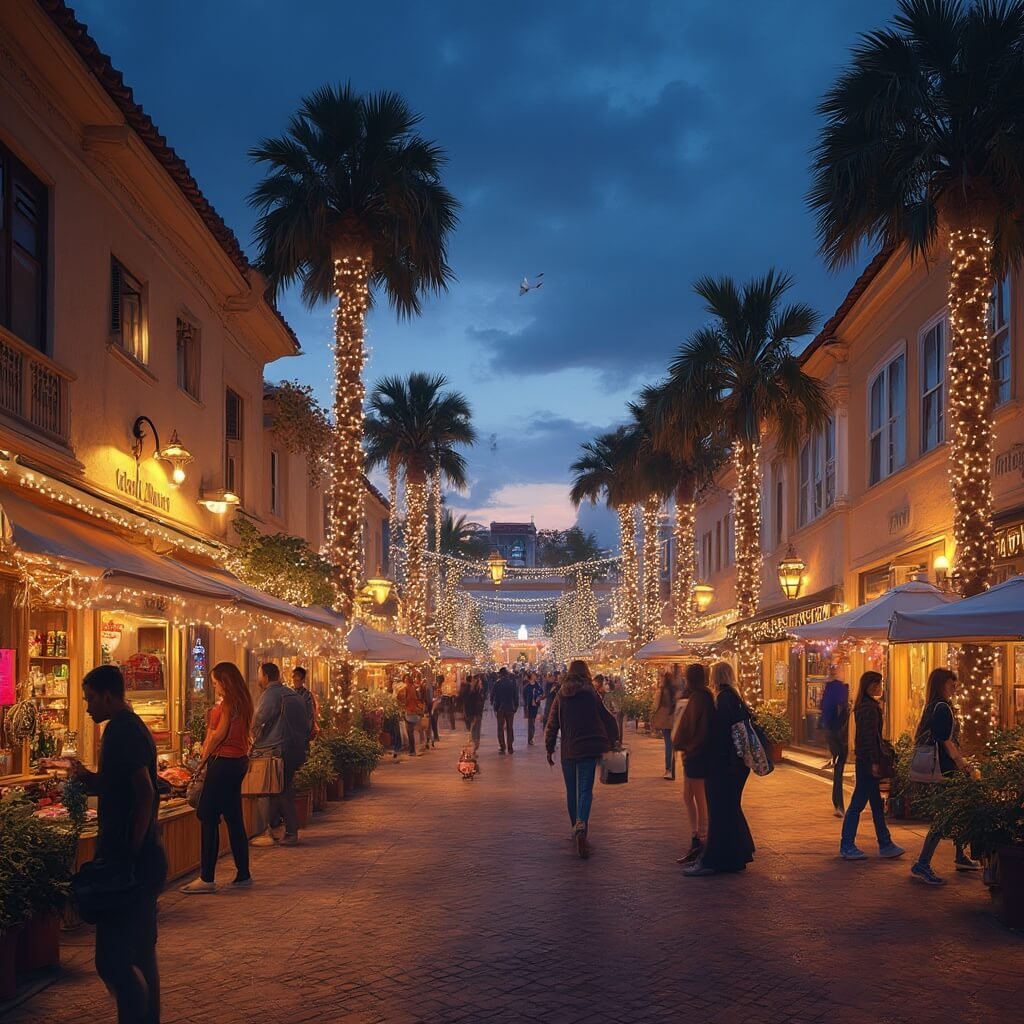 Winter evening in downtown Lakeland, people browsing outdoor market, with historic buildings and palm trees adorned with twinkling lights, reflected in Lake Mirror