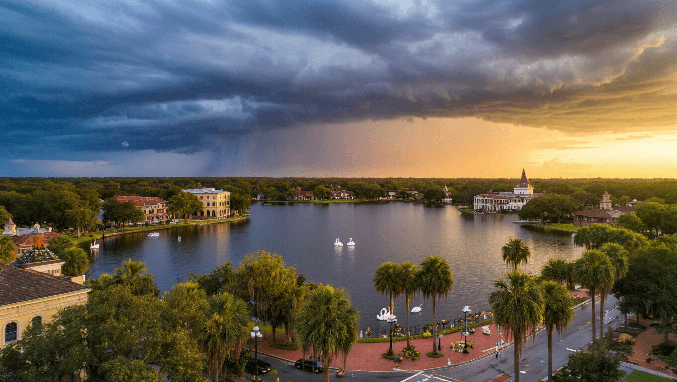 "Dusk view of Lakeland, Florida in September featuring Lake Morton, palm trees, historic buildings, hanging Spanish moss, early Halloween decorations, swan boats, and approaching storm clouds"