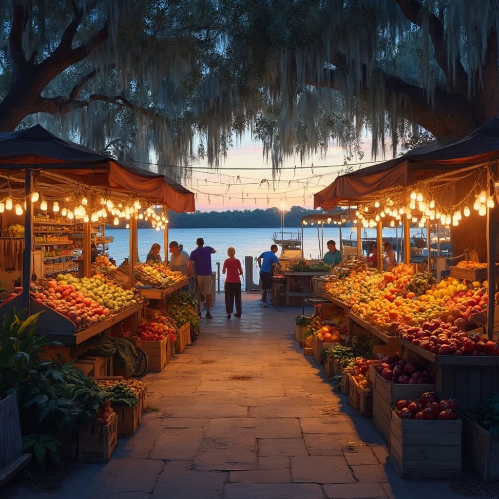 Lakeland's October: Your Ultimate Insider's Guide to Florida's Hidden Autumn Playground 🍂🌞 Vibrant Lakeland farmers market at dusk, with string lights illuminating local vendor stalls and fresh produce, crowd browsing against a peaceful lake backdrop, moss draped trees framing the scene