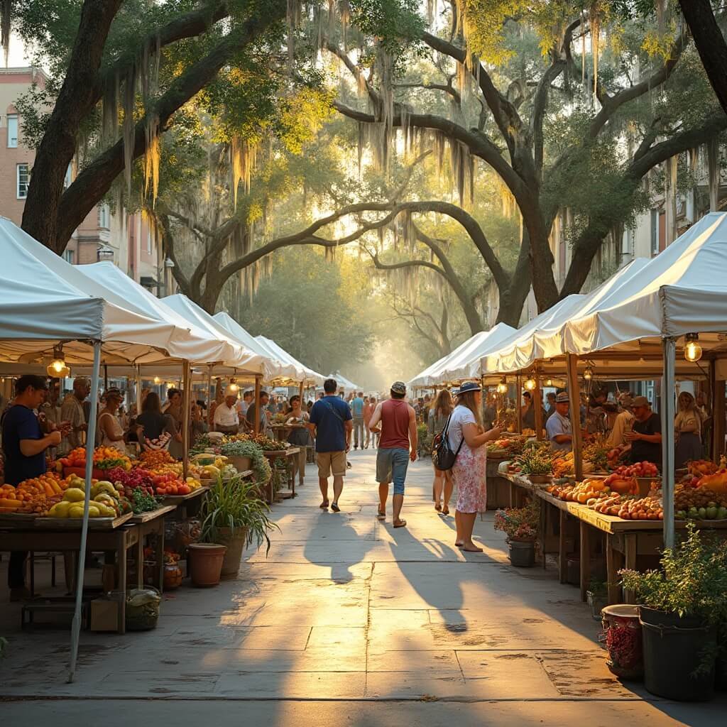 Lakeland's September: Your Ultimate Guide to Florida's Hidden Early Autumn Gem Downtown farmers market scene in Lakeland, Florida with local farmers selling fresh produce, handmade crafts, and street musicians performing under oak trees in golden summer sunlight.