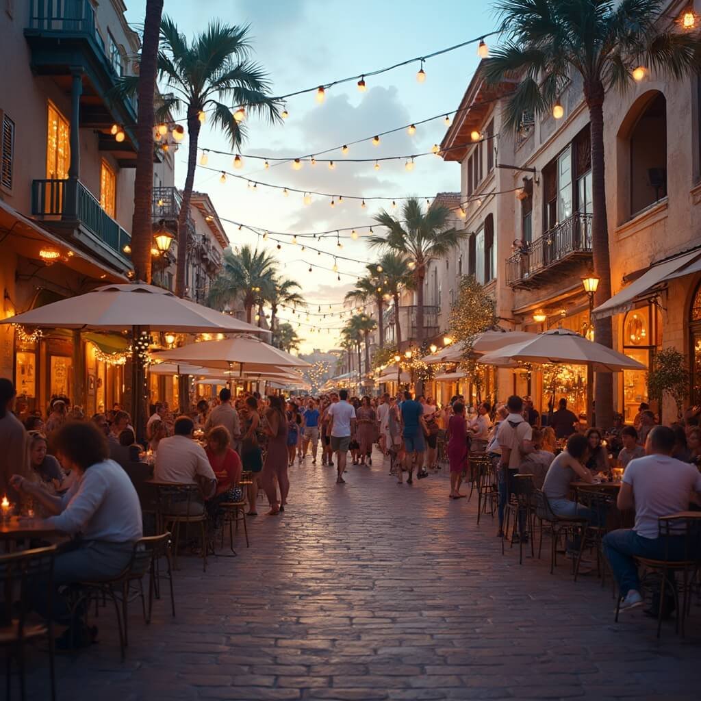 Scorching Sun, Sudden Storms: Your Ultimate Guide to Surviving (and Loving) Lakeland in June Bustling street scene at First Friday event in downtown Lakeland, featuring a diverse crowd enjoying outdoor cafes, street performances and local culture under overhead string lights against the backdrop of historic Spanish and mid-century architecture in warm evening light