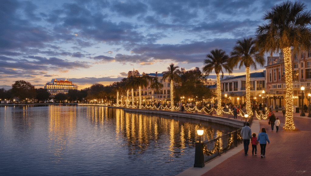 Lakeland in December: Your Ultimate Winter Wonderland Guide (Without the Snow!) "Twilight view of downtown Lakeland, Florida during Christmas, featuring lit-up Lake Mirror promenade, palm trees, historic buildings, and Lakeland terrace hotel, with families enjoying the festive atmosphere."