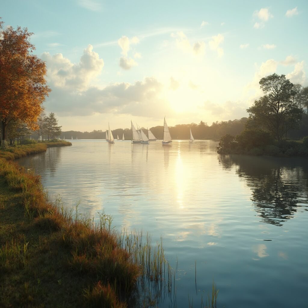 Lakeland's October: Your Ultimate Insider's Guide to Florida's Hidden Autumn Playground 🍂🌞 Autumn scene at Lake Mirror, Lakeland, Florida with sailboats on calm water, lush green shoreline with fall colors, under clear sky with wispy clouds