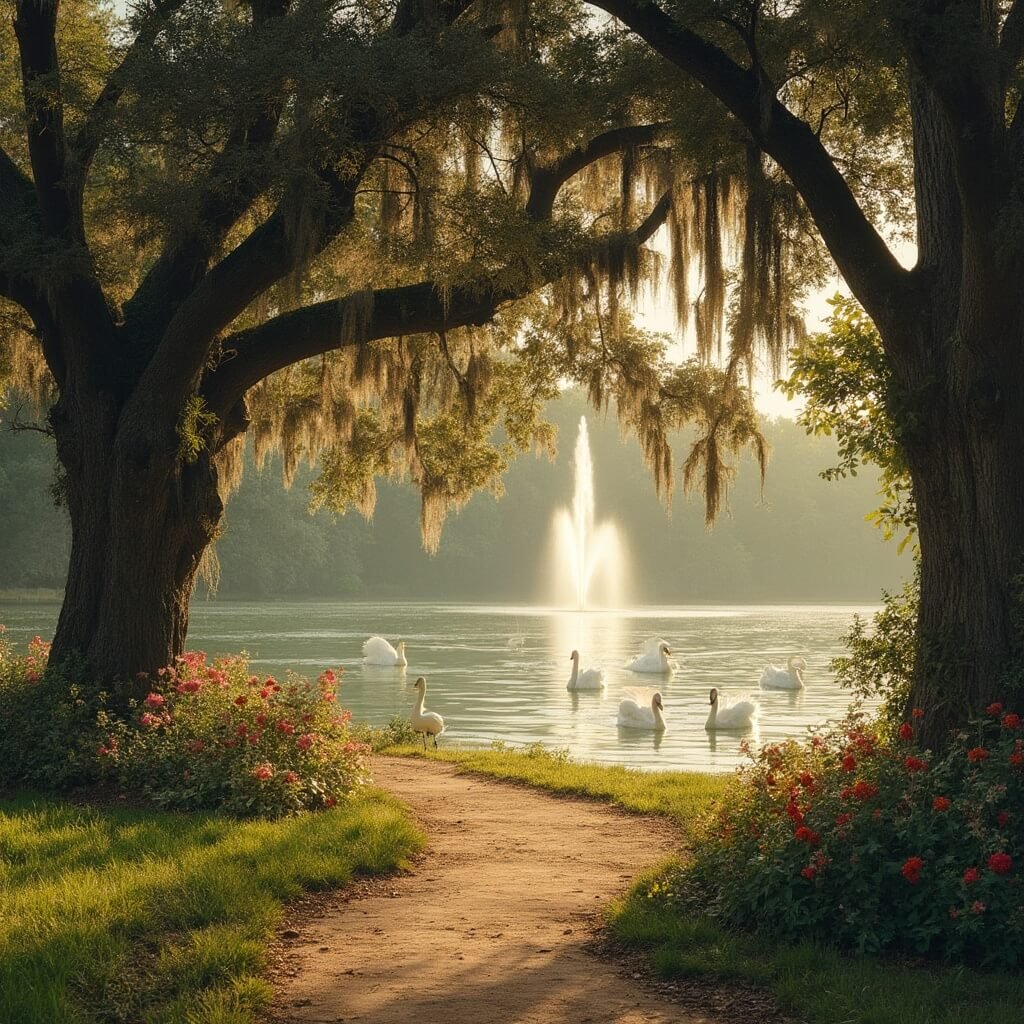 Scorching Sun, Sudden Storms: Your Ultimate Guide to Surviving (and Loving) Lakeland in June Golden hour at a serene Lakeland park with a pathway through moss-draped oak trees, a lake with a fountain and white swans, and blooming native Florida flowers