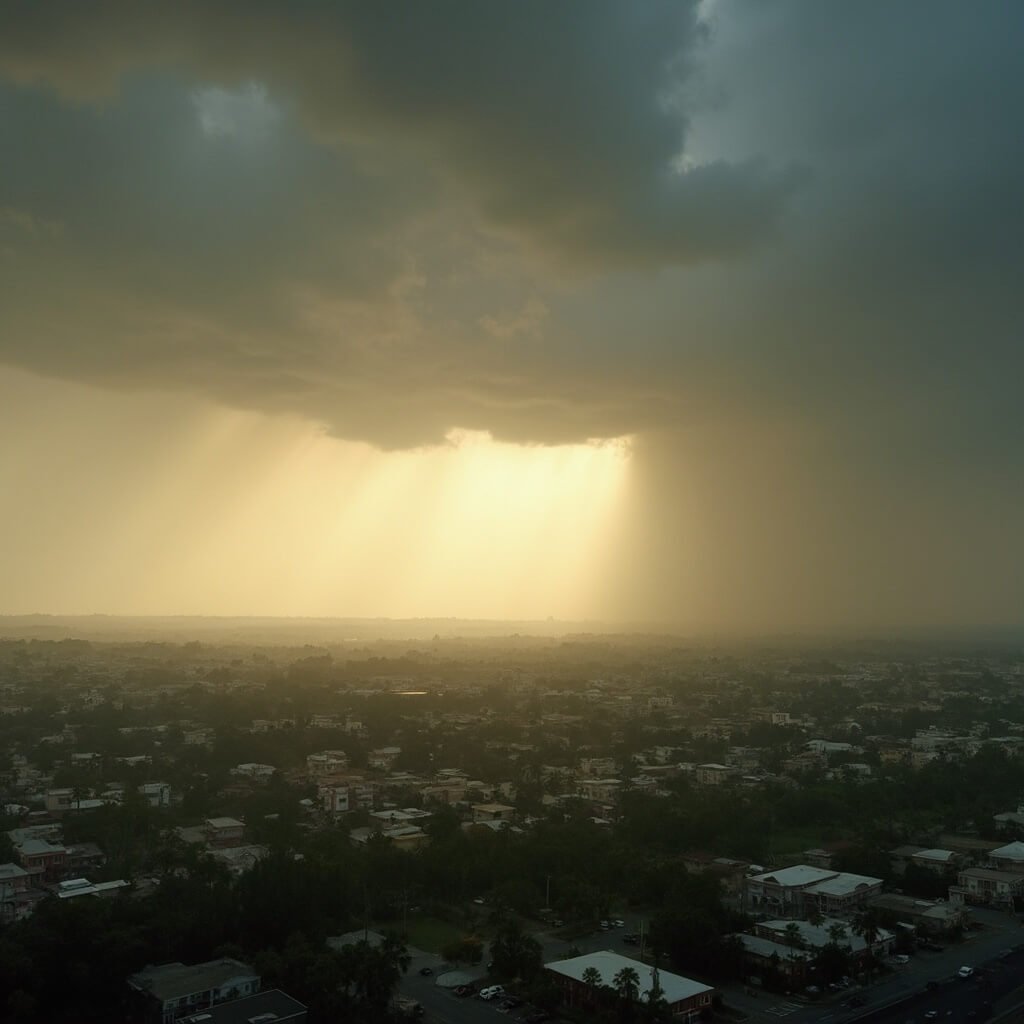 Lakeland in August: The Sizzling Truth About Florida's Most Intense Month Aerial view of Lakeland cityscape under golden afternoon light with dark thunderstorm clouds, palm trees, and hazy humidity effects