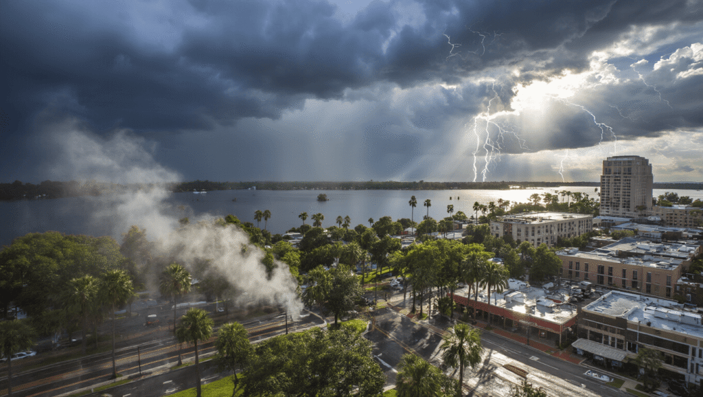 Lakeland in August: The Sizzling Truth About Florida's Most Intense Month "Dramatic panoramic view of downtown Lakeland, Florida with dark storm clouds looming over Lake Morton, lightning strikes in the background, palm trees swaying in humid 91°F conditions, and water droplets on camera lens."