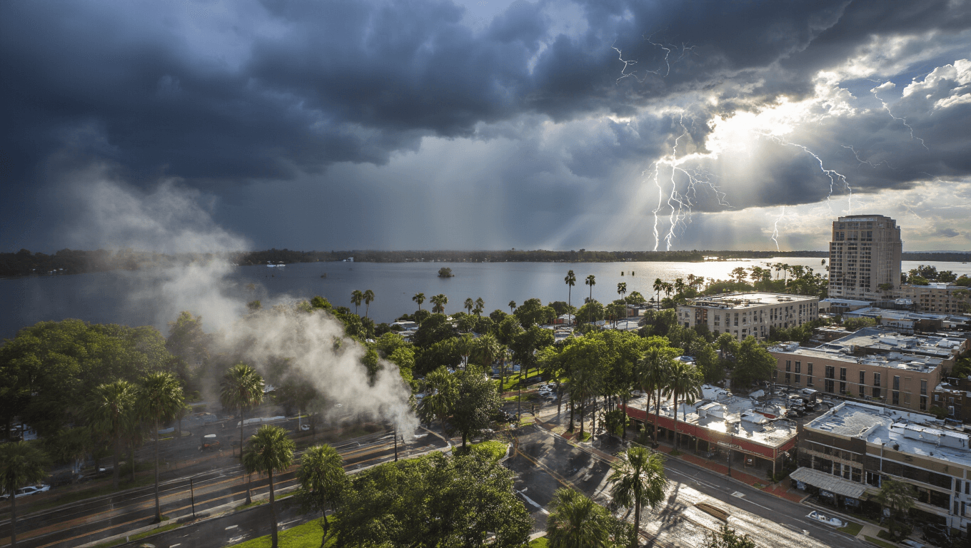 "Dramatic panoramic view of downtown Lakeland, Florida with dark storm clouds looming over Lake Morton, lightning strikes in the background, palm trees swaying in humid 91°F conditions, and water droplets on camera lens."