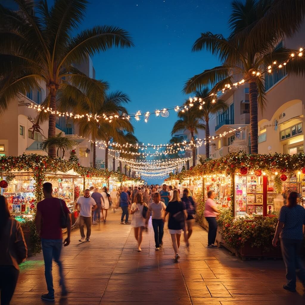 Escape the Winter Chill: Why South Beach in December Will Blow Your Mind Holiday market bustling with shoppers on Lincoln Road, illuminated by string lights and adorned with festive decorations, surrounded by modern architecture, art galleries, and outdoor dining spaces under a starry sky.