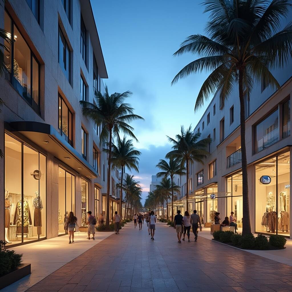 South Beach in May: Your Ultimate Sun-Soaked Paradise Revealed Elegant Lincoln Road pedestrian mall at dusk with people casually strolling past modern fashion boutiques, artistic window displays, and art gallery storefronts, amidst soft ambient lighting, palm trees silhouetted against twilight sky in Miami's sophisticated urban design scene