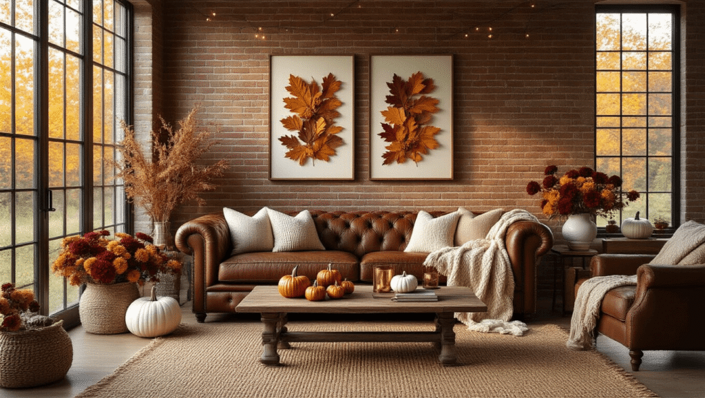 Cozy Fall DIY Home Decor: Transform Your Space on a Budget A luxurious autumn living room featuring a brown leather Chesterfield sofa with neutral sweater pumpkins and chunky knit throws, an exposed brick wall with pressed leaves, a jute rug under a reclaimed wood coffee table with copper candleholders and white pumpkin vases, fairy lights framing floor-to-ceiling windows, all bathed in warm golden hour light.
