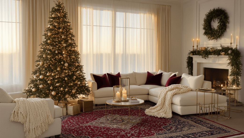 Transforming Your Home into a Festive Wonderland: The Ultimate Christmas Decor Guide A luxurious living room at golden hour featuring a majestic Christmas tree with vintage ornaments, a cream sectional sofa, aged brass side tables with candles, and a traditional Persian rug, all illuminated by natural sunlight streaming through gauzy curtains.