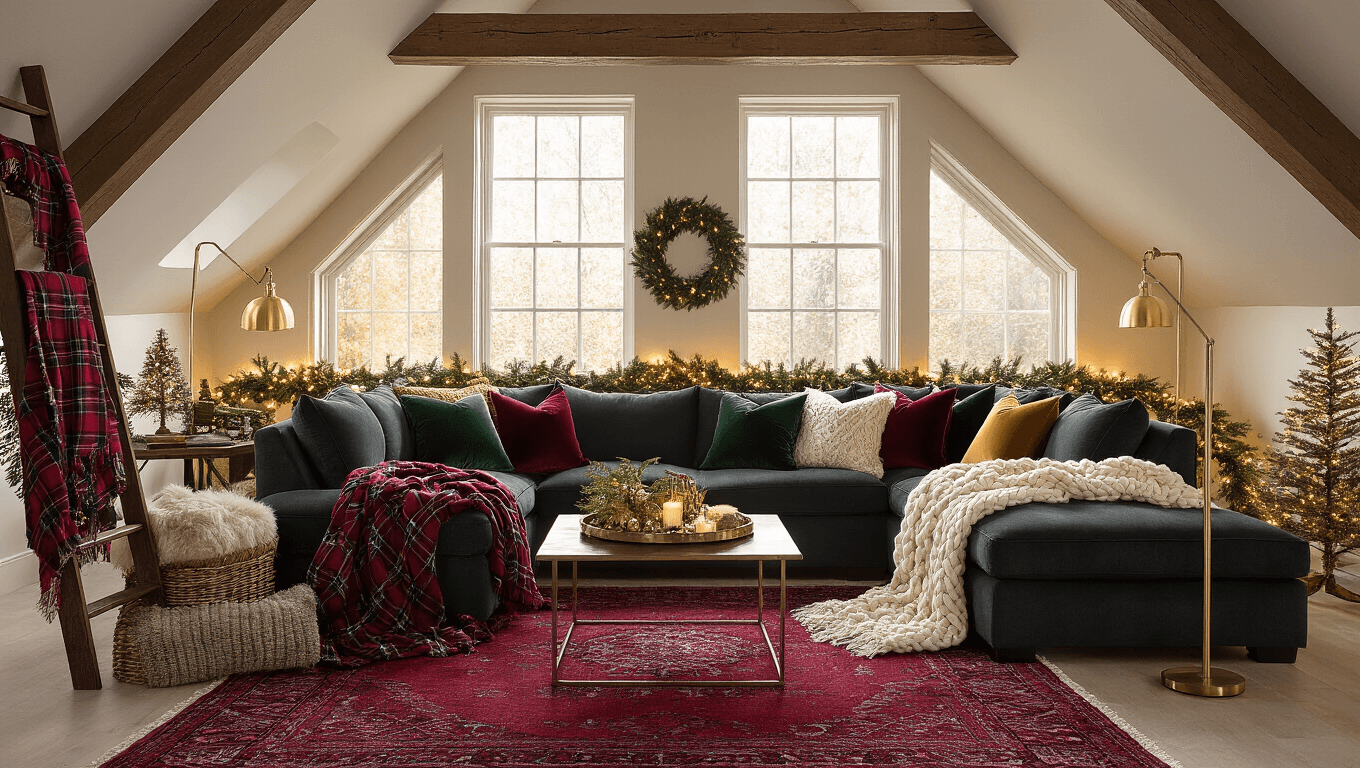 A luxurious Christmas living room featuring a charcoal sectional sofa with velvet pillows, warm sunlight streaming through bay windows, and evergreen garland on the mantel, creating a cozy and inviting holiday atmosphere.