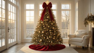 Bow Christmas Tree: The Ultimate Guide to Festive Holiday Styling Cinematic wide-angle shot of a luxurious living room at golden hour featuring a 9-foot Fraser fir Christmas tree adorned with a red velvet bow and vintage glass ornaments, illuminated by warm white lights, with sunlight streaming through floor-to-ceiling windows.