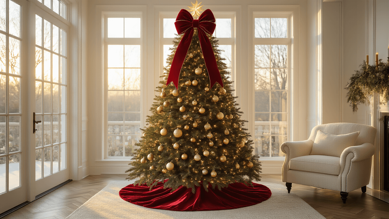 Cinematic wide-angle shot of a luxurious living room at golden hour featuring a 9-foot Fraser fir Christmas tree adorned with a red velvet bow and vintage glass ornaments, illuminated by warm white lights, with sunlight streaming through floor-to-ceiling windows.