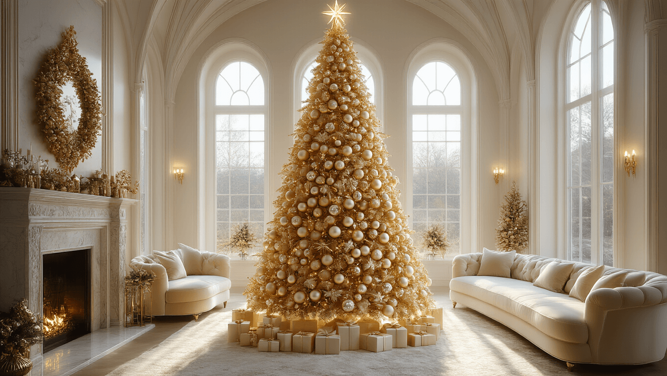 A luxurious living room with a 9-foot metallic gold Christmas tree adorned with champagne and pearl ornaments, illuminated by warm afternoon sunlight and cool white LED uplighting, featuring plush cream velvet furniture and a marble fireplace with gold accents.