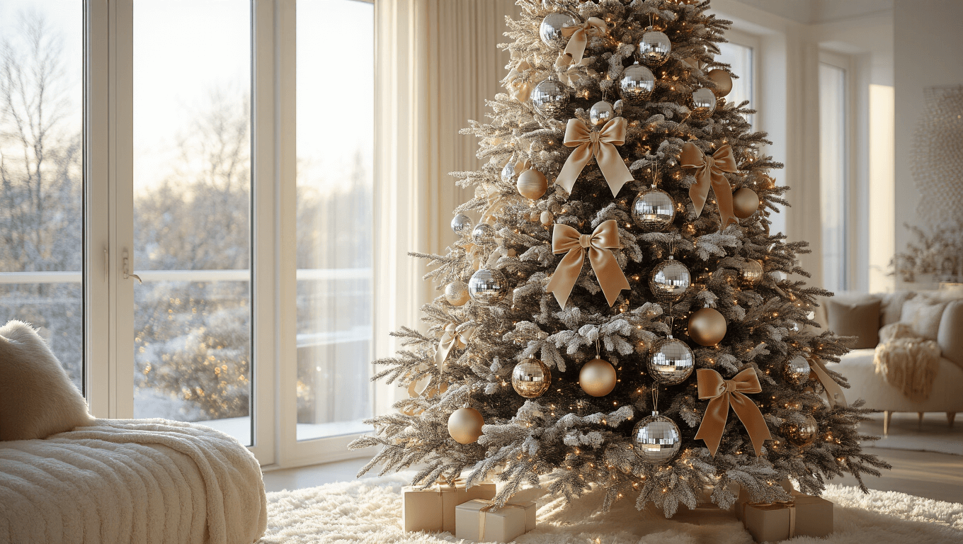 A luxurious Christmas tree adorned with metallic ornaments in a contemporary Scandinavian living room, illuminated by warm winter light with a shallow depth of field and soft bokeh background.