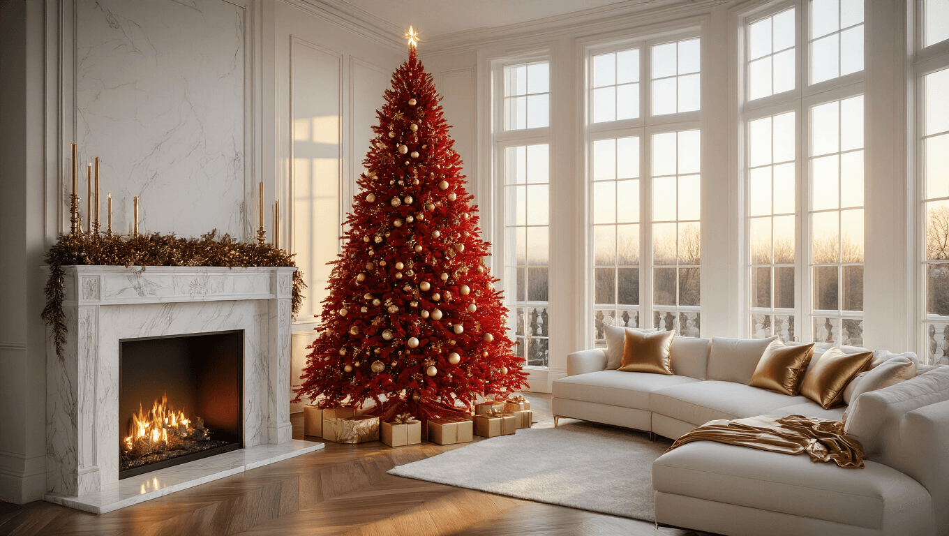 A luxurious living room featuring a vibrant red Christmas tree adorned with gold and crystal ornaments, bathed in warm golden hour light streaming through floor-to-ceiling windows, with a white marble fireplace, plush ivory sectional, and herringbone hardwood floors.