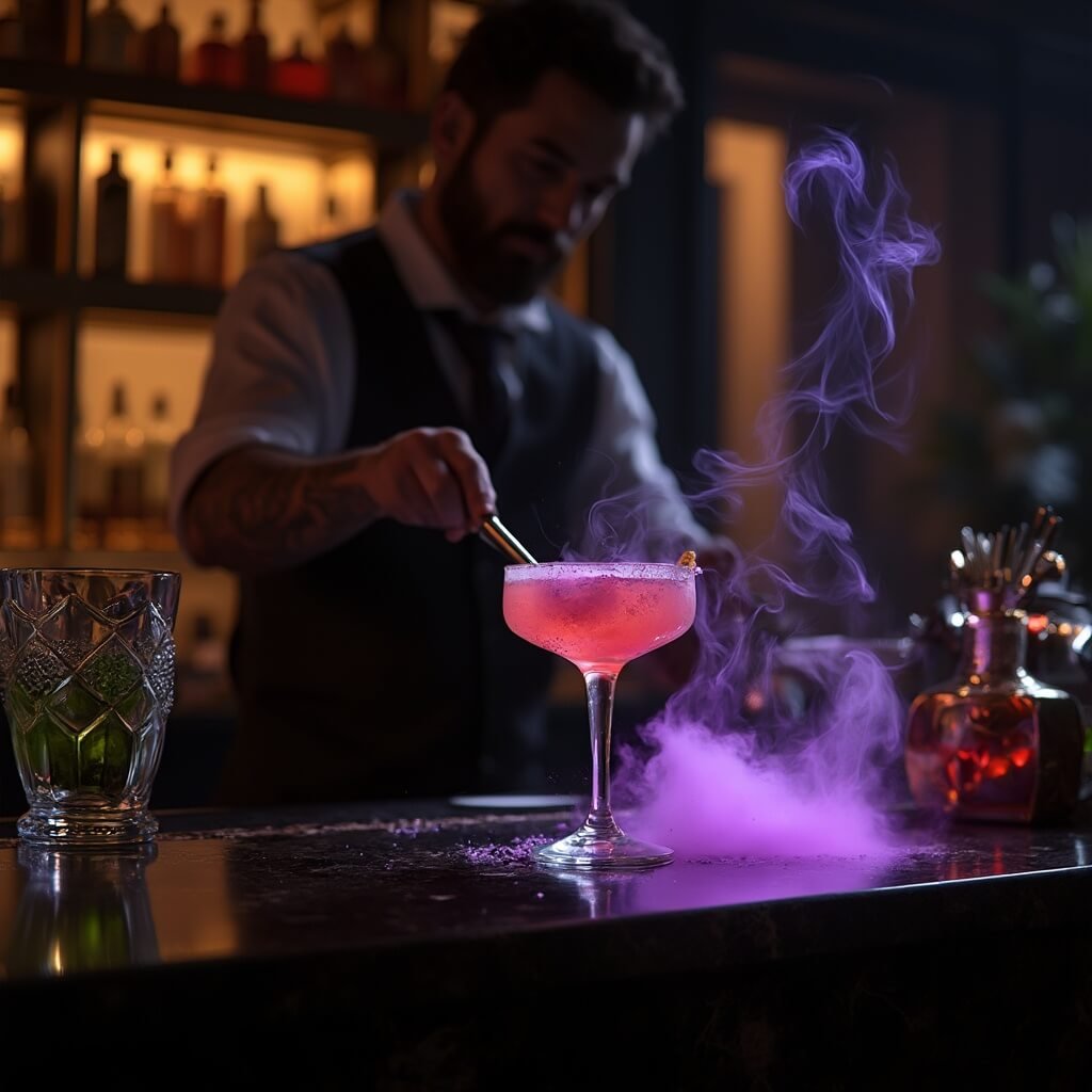 Elegant mixologist preparing a color-changing cocktail in a moody, luxurious hotel bar with purple smoke rising from ornate glass, art deco walls, ambient lighting, and subtle Halloween decorations.