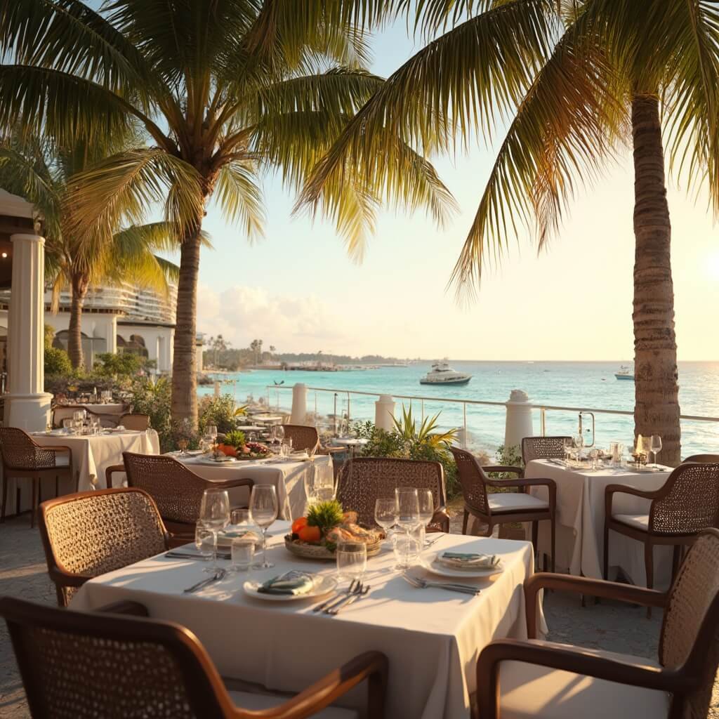 Elegant outdoor dining on a waterfront terrace in West Palm Beach during golden hour, showcasing white tablecloths, fresh seafood plates, and swaying palm trees, overlooking calm turquoise waters