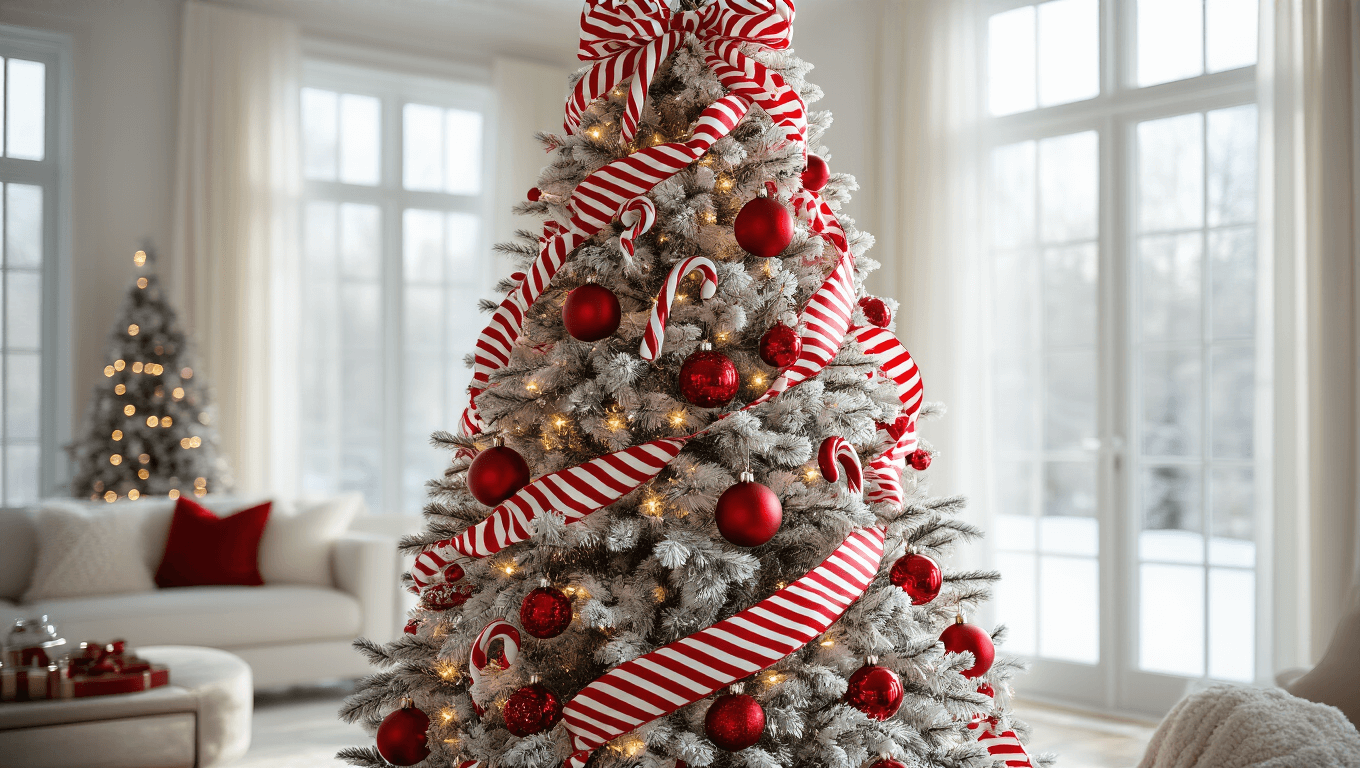 Photorealistic wide-angle image of a majestic 9ft flocked Christmas tree in a bright living room, adorned with red and white ribbons, glossy baubles, and oversized candy cane ornaments, illuminated by warm LED lights and natural winter sunlight.