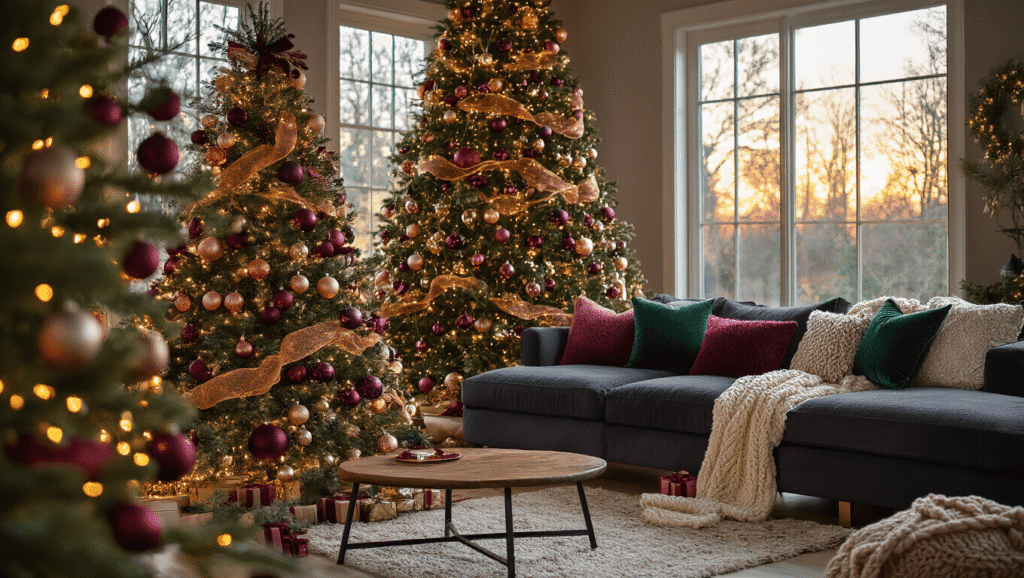 Magical Christmas Home Decor 2025: Creating Cozy, Nostalgic Spaces with Modern Flair Cinematic wide-angle shot of a luxuriously decorated Christmas living room featuring a 7-foot artificial tree with glass ornaments, rich velvet ribbons, fairy lights, a plush sectional sofa with knitted throws, vintage decor on a coffee table, and natural greenery garlands on a rustic mantel, all captured during golden hour.