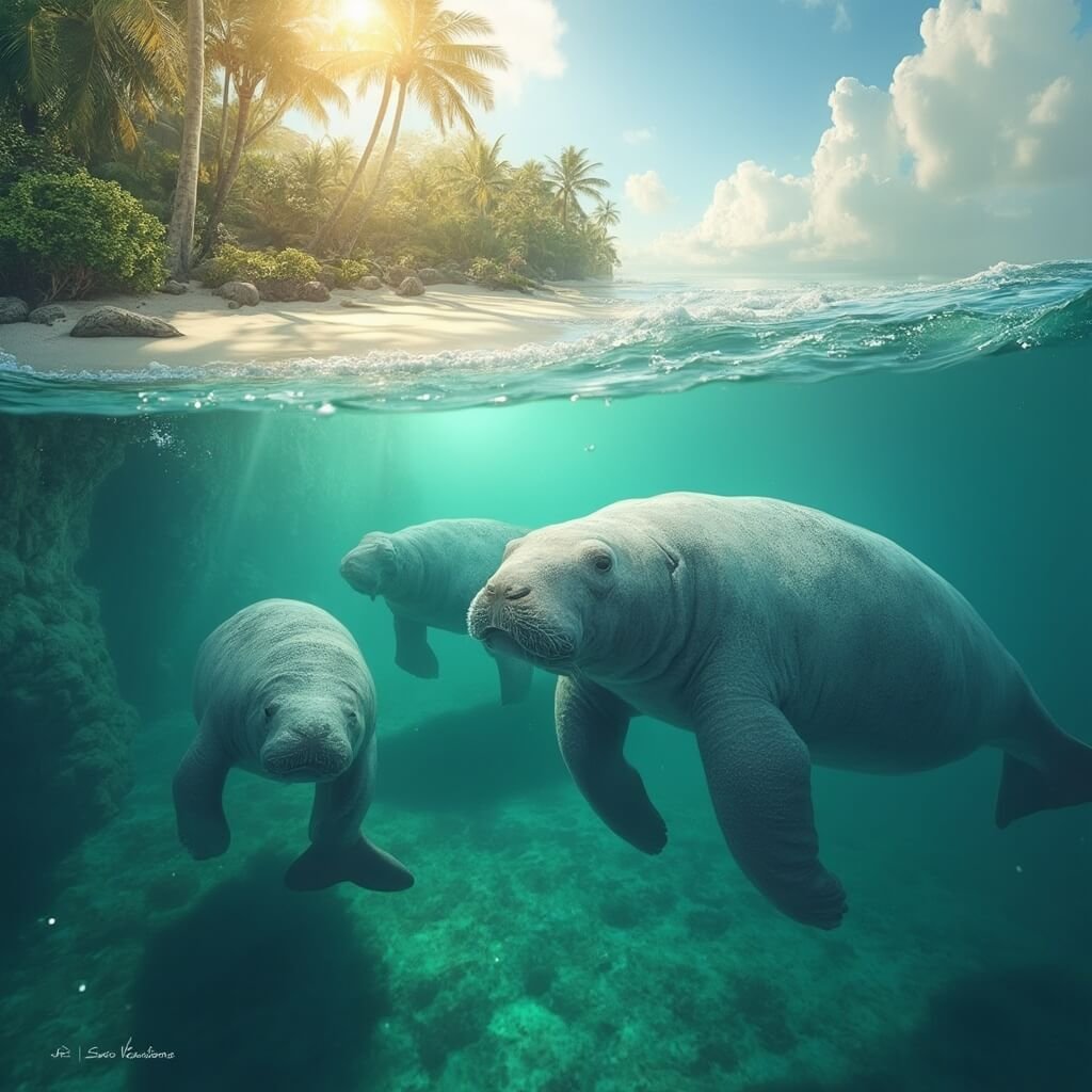 Manatees swimming near tropical Florida coastline with lush greenery, clear turquoise water, golden afternoon sunlight, gentle waves, and marine ecosystem