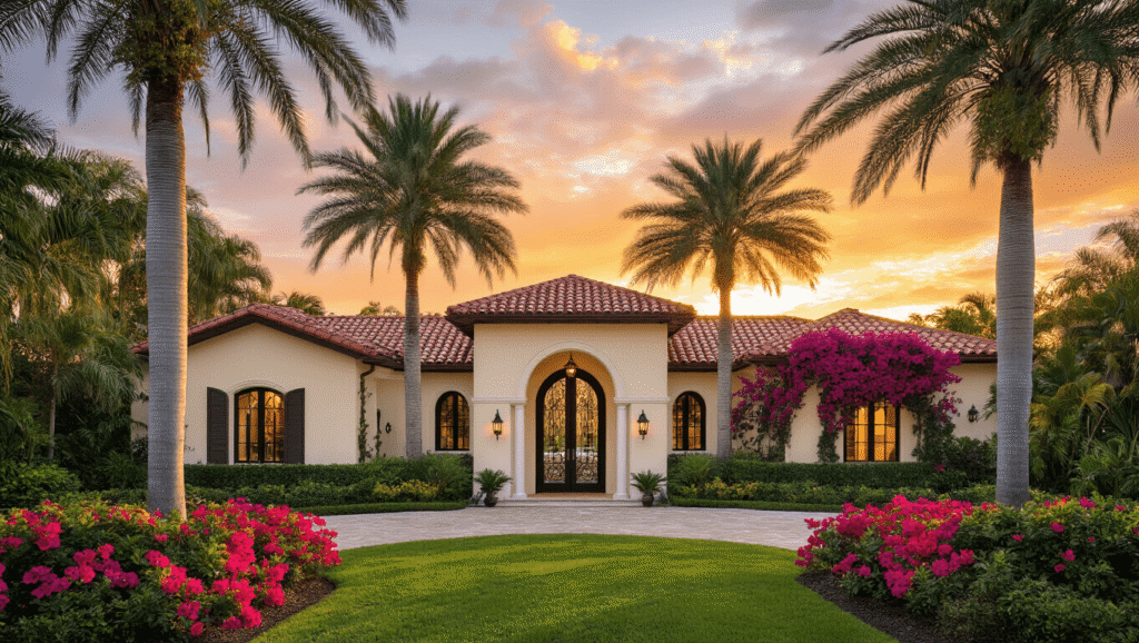 Florida Home Exteriors: A Comprehensive Design Guide Cinematic wide-angle shot of a Mediterranean Revival home in Florida during golden hour, showcasing stucco walls, terracotta roof, wrought-iron details, palm trees, bougainvillea, and vibrant landscaping under a dramatic sunset sky.