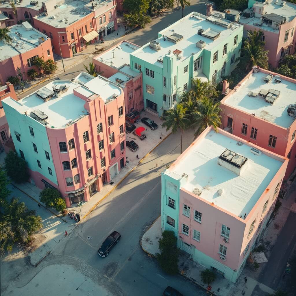 Aerial view of pastel-colored Art Deco district in South Beach, Miami, with crisp architectural details in soft morning light