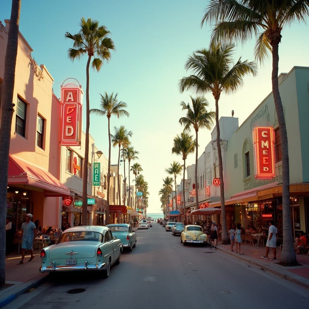 Why South Beach in April is Your Ultimate Escape: Insider's Guide Art Deco district on Ocean Drive, South Beach Miami, with pastel buildings, neon signs, palm trees, vintage cars, pedestrians, outdoor cafes, ocean view, and a clear blue sky