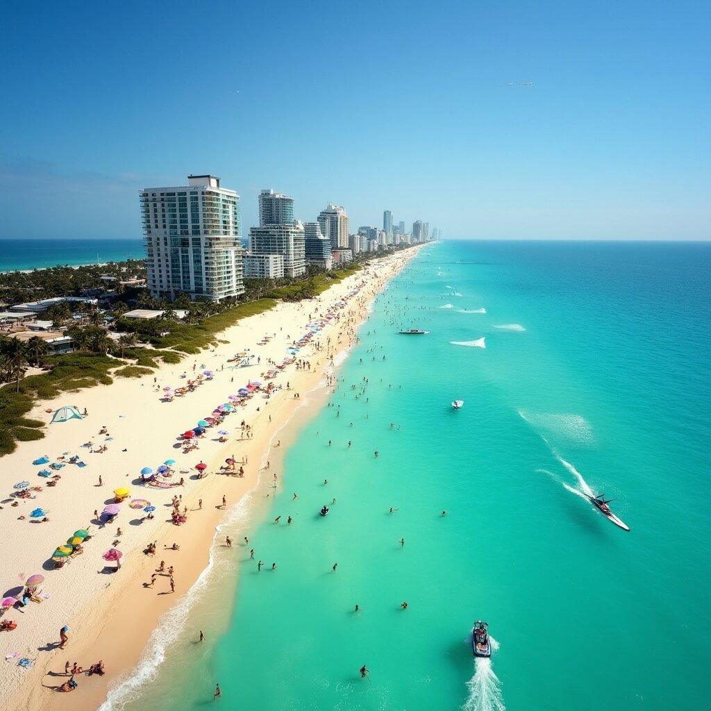 South Beach November Escape: Your Ultimate Weather, Culture, and Adventure Guide Aerial view of South Beach Miami showcasing people enjoying water sports and beach activities in perfect weather conditions.