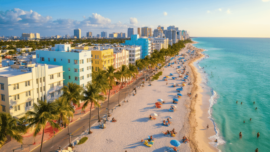 Why South Beach in April is Your Ultimate Escape: Insider's Guide "Aerial drone view of South Beach Miami showcasing the iconic Art Deco buildings, turquoise ocean, white sandy beaches with colorful umbrellas, palm-lined streets, and people enjoying the beachfront promenade in the perfect 80-degree spring break weather"