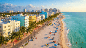 "Aerial drone view of South Beach Miami showcasing the iconic Art Deco buildings, turquoise ocean, white sandy beaches with colorful umbrellas, palm-lined streets, and people enjoying the beachfront promenade in the perfect 80-degree spring break weather"