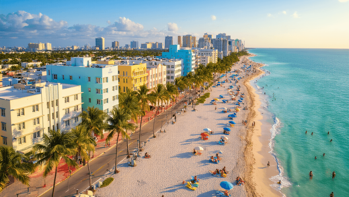"Aerial drone view of South Beach Miami showcasing the iconic Art Deco buildings, turquoise ocean, white sandy beaches with colorful umbrellas, palm-lined streets, and people enjoying the beachfront promenade in the perfect 80-degree spring break weather"