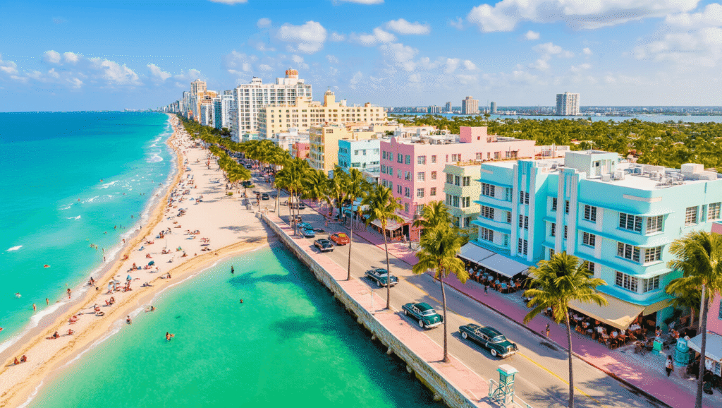 Why South Beach in February is Your Ultimate Winter Escape (Without the Winter Chill!) "Aerial view of South Beach Miami with Art Deco buildings, turquoise waters, white sandy beaches, and people enjoying the outdoor lifestyle under the golden afternoon light."