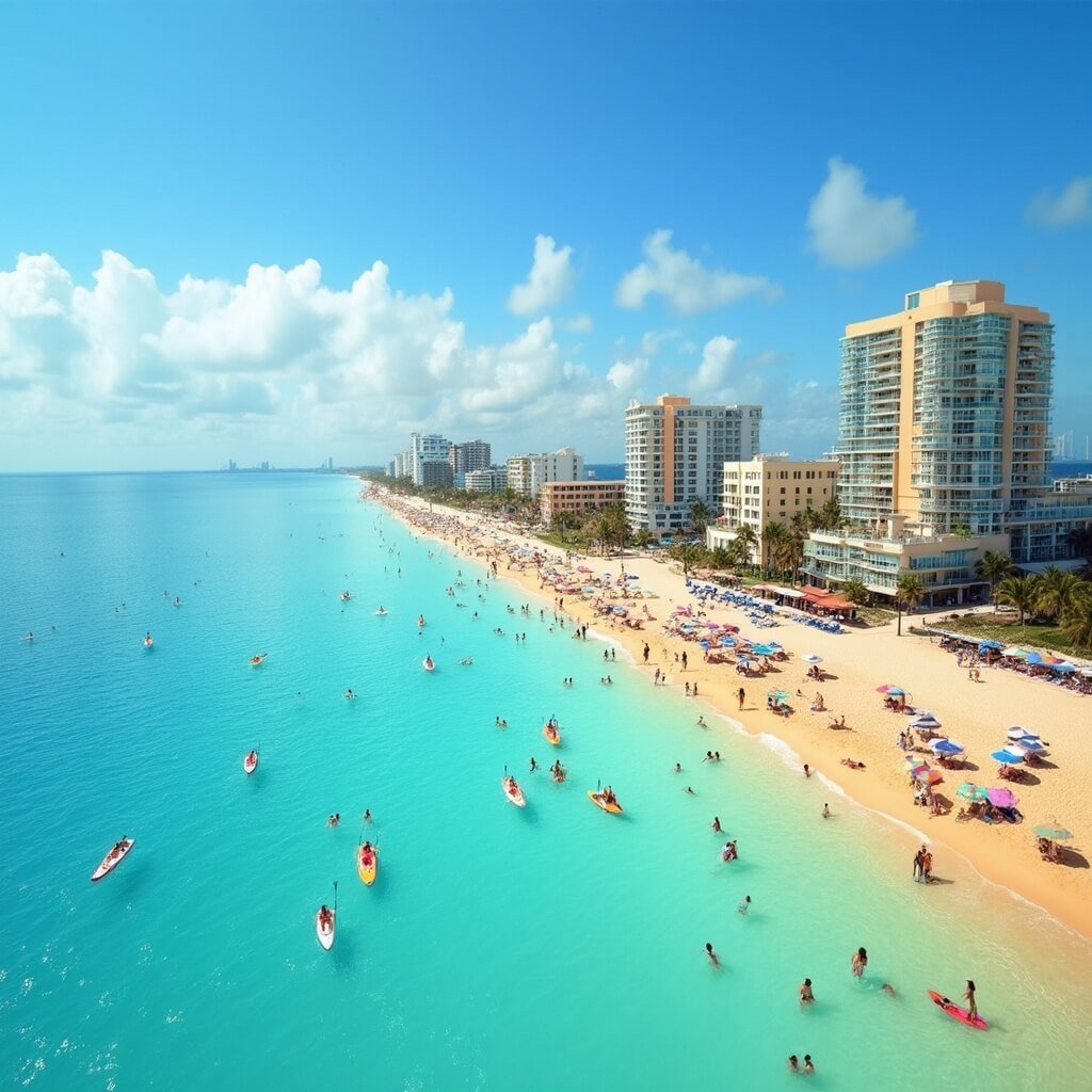 Why South Beach in January is Your Perfect Winter Escape Panoramic view of South Beach in January showing people paddleboarding and relaxing on the golden sand, colorful beach umbrellas, palm trees, and pastel art deco buildings against a vibrant blue sky.