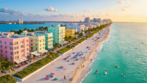"Aerial view of South Beach Miami's Art Deco District with pastel buildings, people enjoying water sports, white sand beach with colorful umbrellas and volleyball nets, and the Lincoln Road Mall in the background during golden hour"