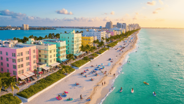 "Aerial view of South Beach Miami's Art Deco District with pastel buildings, people enjoying water sports, white sand beach with colorful umbrellas and volleyball nets, and the Lincoln Road Mall in the background during golden hour"